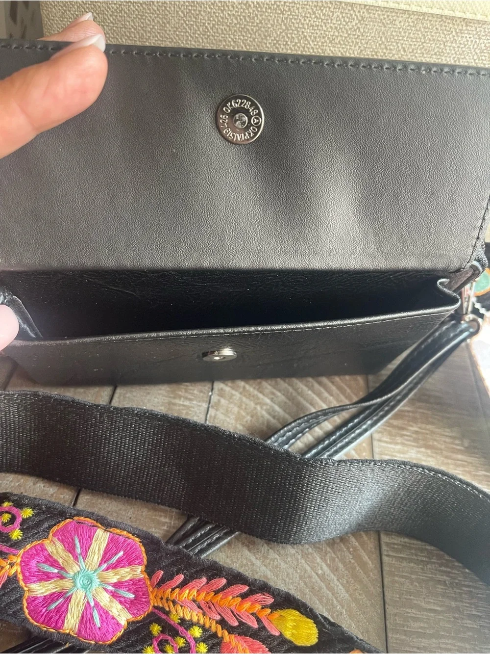 Black Crossbody Bag with Embroidered Floral Strap